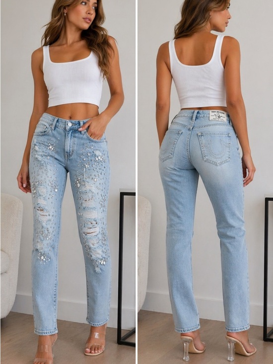 True Religion Denim - Audrey Slim Boyfriend Jeans 32 Crystal Star Hand Embellished Distressed NWT $369